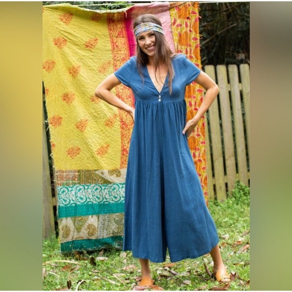 NATURAL LIFE Pants - Natural Life Avery Jumpsuit Wide Leg Blue Rayon Linen Womens L Boho Short Sleeve